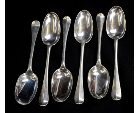 An important set of six early George I Britannia standard silver (0.958) Hanoverian pattern tablespoons, each with a rat tail