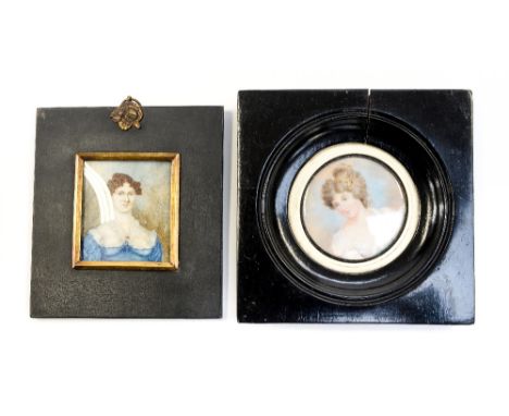 A portrait miniature on ivory, dated 1820, 'Aunt Jane', half length lady with red hair wearing a blue dress with lace collar,