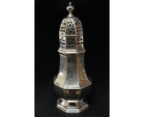 A Queen Anne/George I Britannia Standard (0.958) silver octagonal caster, with central moulded girdle, period engraved armori