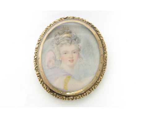 Attributed to Richard Cosway (1742-1821), a portrait miniature on ivory, young lady with grey curled hair wearing a gold tiar