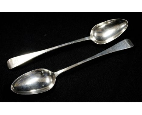 A pair of William IV sterling silver old English pattern basting spoons, each with an engraved crest of a whippet, full hallm
