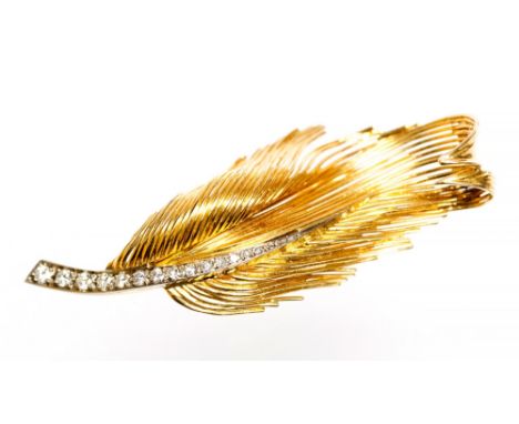 A 1950's French 18ct gold diamond set fern leave brooch, a total of fourteen round brilliant cut diamonds with a total weight