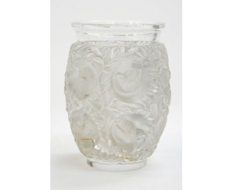 A Lalique Bagatelle vase, moulded, frosted glass with inset birds amongst foliage, signed to the base, 17cm high (af)
