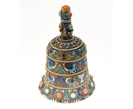 A Chinese silver gilt and cloisonne enamel bell box, the banded design of birds and characters over a fine mesh, set with cor