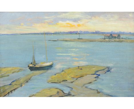 Early 20th Century School, a seascape with fishing boat moored foreground, oils on canvas, unsigned, framed, 30cm by 45cm

