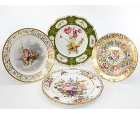 Two Stevenson and Hancock, Derby porcelain cabinet plates, decorated with floral and gild banding, together with a Royal Worc