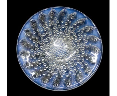 Rene Lalique, a Roscoff pattern blue opal glass bowl, designed 1932, decorated with opalescent fish and bubble design, signed