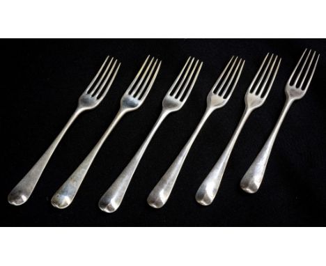A matched set of six early George III circa 1770, sterling silver Hanoverian pattern entree forks, each with matching period 