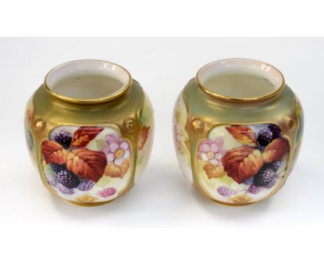 A pair of Royal Worcester fruit painted vases, decorated by Kitty Blake, of squat ovoid form with blackberries, finished with