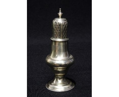 A George III sterling silver baluster form caster on spreading circular foot, pierced domed cover with baluster knop finial, 