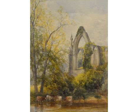 Gresley, James S (British) (1829-1908), landscape study of a ruin with cattle watering foreground, watercolour, signed, Charl