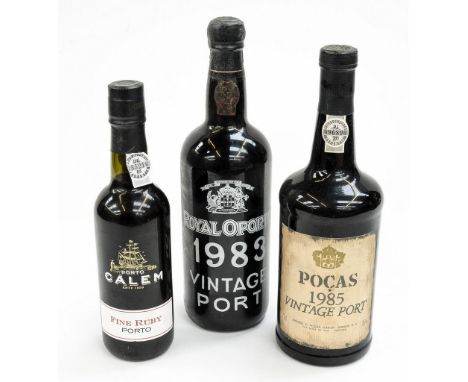 Pocas Vintage Port 1985, Royal Oporto Vintage 1983 and a half bottle of Calem ruby port (3)