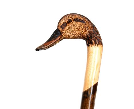 Ian Taylor, a fine hand made and hand carved sycamore walking stick, the handle finely executed in the form of a Mallard's he