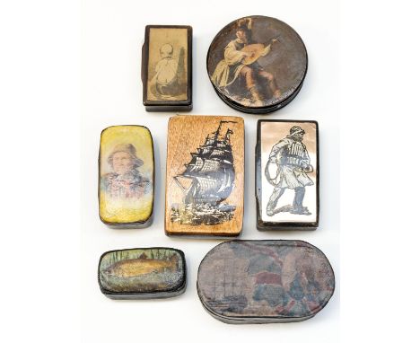 A collection of snuff boxes including fisherman, fish, galleon, Nelson commemorative leather box, etc. (7)