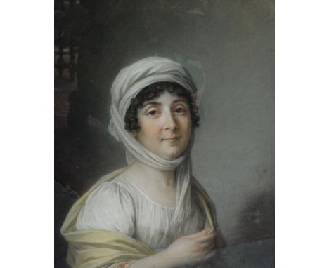 Attributed to Sir Thomas Lawrence, half length portrait of Marquise De Coigny, pastels, unsigned, titled verso, period gilt f