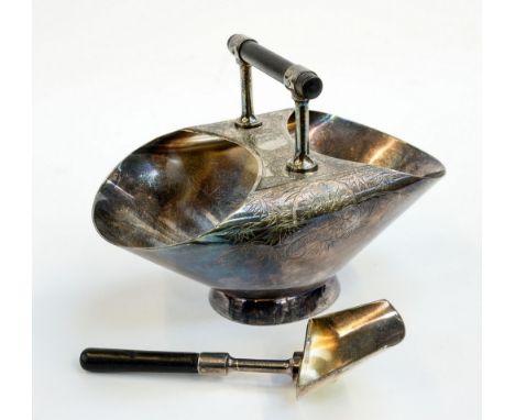 Christopher Dresser for Hukin and Heath, a silver plated sugar basin and scoop, of basket form, with ebony handle, incised Ae