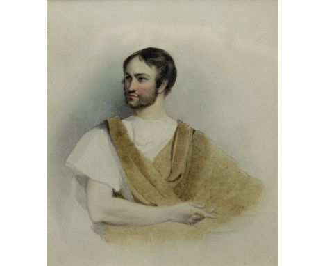 Mid 19th Century School, half length portrait of a bearded man in classical drapery, watercolour, unsigned, framed, 16cm by 1