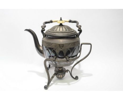 A late nineteenth century Russian white metal kettle on stand with spirit burner, kettle of typical form with lobed decoraton