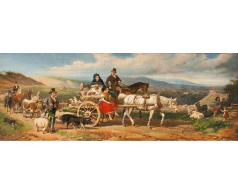 After William Hopkins and Edmund Havell, a Tinkers Caravan, possibly an oil overpainted print, on wooden panel, unsigned, fra
