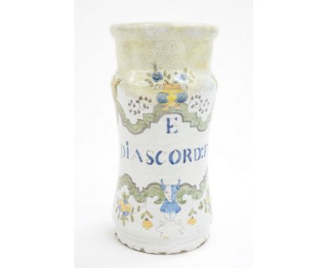 An 18th century Italian faience maiolica albarello, the cartouche inscribed E Diascord:Fr:, 21cm high