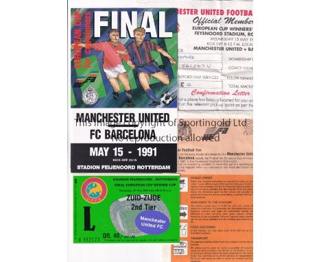 1991 ECWC FINAL / MANCHESTER UNITED V BARCELONA     Ticket, 4 page programme, travel letter and UEFA envelope.     Good