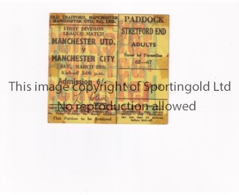 MANCHESTER UNITED       Ticket for the home league match v Manchester City 28/3/1970, slightly creased and tape marks. Fair