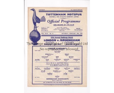 NEUTRAL AT TOTTENHAM HOTSPUR      Single sheet programme for London Schoolboys v Birmingham Schoolboys 19/2/1955, single punc