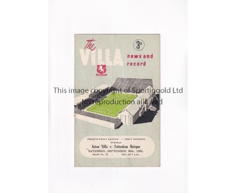TOTTENHAM HOTSPUR / 1950-1 CHAMPIONSHIP SEASON     Programme for the away League match v Aston Villa 30/9/1950, horizontal cr
