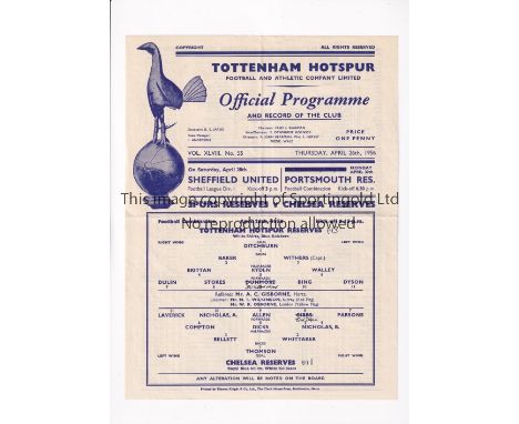 TOTTENHAM HOTSPUR V CHELSEA 1956      Single sheet programme for the Football Combination match at Tottenham 26/4/1956, sligh
