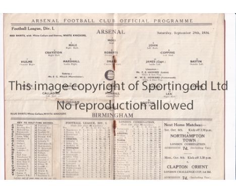 ARSENAL      Programme for the home League match v Birmingham 29/9/1934, slightly creased.     Generally good