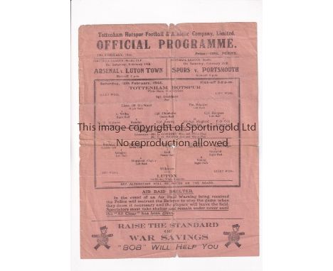 TOTTENHAM HOTSPUR      Single sheet programme for the FL South League match v Luton Town 12/2/1944, folded in four, worn and 