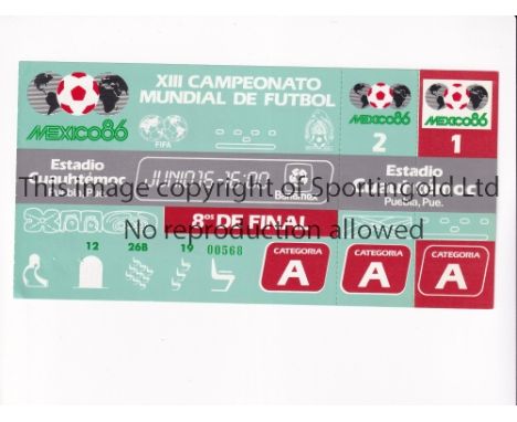 1986 WORLD CUP      Unused ticket for Argentina v Uruguay 16/6/1986 at the Cuauhtemoc Stadium. Staple holes on the left.   Ge