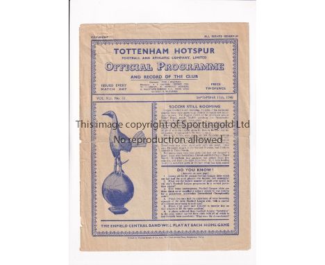 TOTTENHAM HOTSPUR V ARSENAL 1948     Programme for the Football Combination League match at Tottenham 11/9/1948, folded in fo
