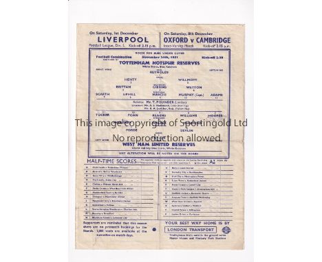 TOTTENHAM HOTSPUR      Programme for the home Football Combination match v West Ham United 24/11/1951, slightly folded in fou