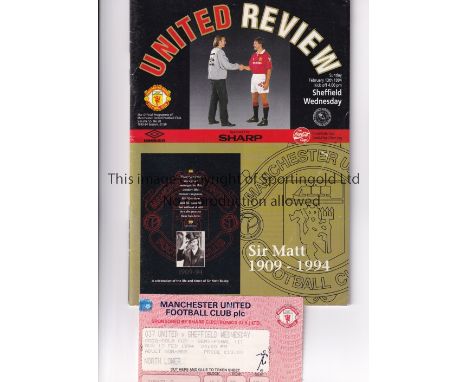 1994 LEAGUE CUP SEMI-FINAL / MANCHESTER UNITED V SHEFFIELD WEDNESDAY / MATT BUSBY TRIBUTE       Programme and ticket for the 