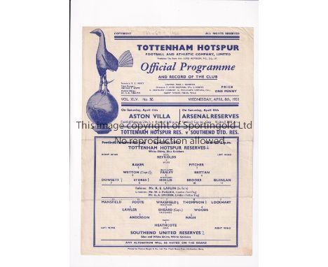 TOTTENHAM HOTSPUR      Single sheet programme for the home Football Combination Cup tie v Southend United 8/4/1953, slightly 