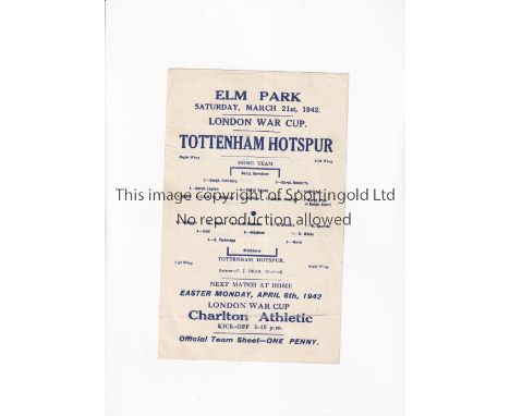 TOTTENHAM HOTSPUR   Single sheet programme for the away London War Cup v Reading 21/3/1942, horizontal creases.   Generally g