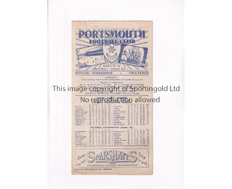 ARSENAL     Programme for the away League match v Portsmouth 26/12/1946, horizontal crease, rusty mark from removed paperclip