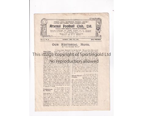 ARSENAL V TOTTENHAM HOTSPUR 1922      Programme for the League match at Arsenal 22/4/1922, horizontal crease, very slight wea