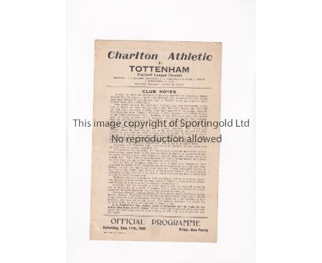 TOTTENHAM HOTSPUR     Single sheet programme for the away FL South match v Charlton Athletic 11/12/1943, slight horizontal cr