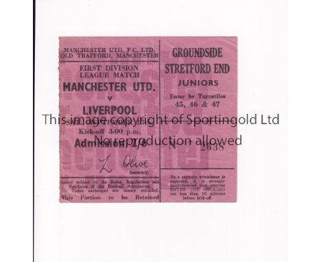MANCHESTER UNITED      Ticket for home League match v Liverpool 13/09/69, slightly creased.    Generally good