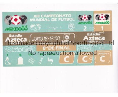 1986 WORLD CUP      Unused ticket for the first round tie, England v Paraguay 18/6/1986 at the Aztec Stadium. Staple holes on