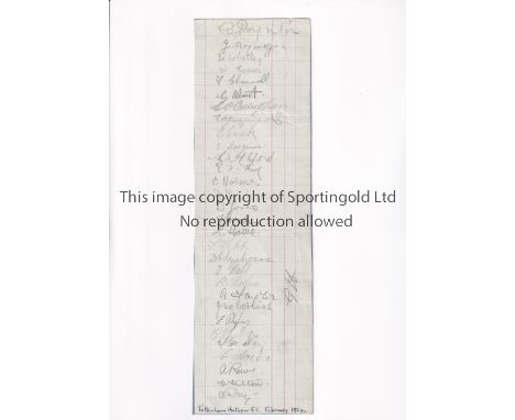 TOTTENHAM HOTSPUR 1934 AUTOGRAPHS       A lined sheet from February 1934 mounted on card with 31 signatures including Evans, 
