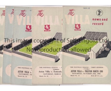 ASTON VILLA         Five home programmes for the League matches v Arsenal 8/9/1951, Preston North End 27/10/1951, Newcastle U