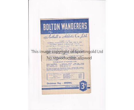 ARSENAL      Programme for the away League match v Bolton Wanderers 25/12/1952, slight vertical creases. Christmas Day fixtur