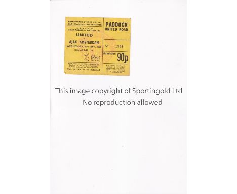 MANCHESTER UNITED 1976 FA CUP      Ticket for the home U.E.F.A Cup tie 1st round, 2nd Leg v Ajax Amsterdam 29/9/1976, vertica