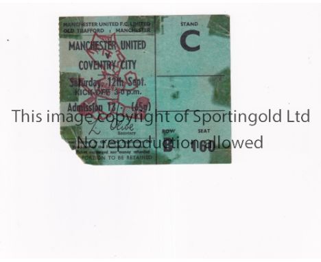 MANCHESTER UNITED Ticket for the home League match v Coventry City 12/9/1970, tape marks and minor paper loss bottom left.   