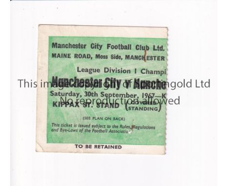 MANCHESTER UNITED       Ticket for the away League match v Manchester City 30/9/1967, creased.      Generally good 