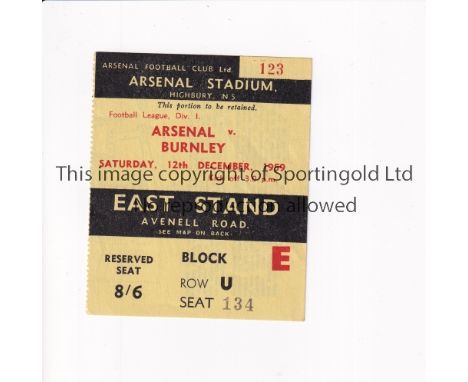 ARSENAL     Ticket FOR THE HOME League match v Burnley 12/12/1959, writing on the reverse. Burnley won the League in this sea