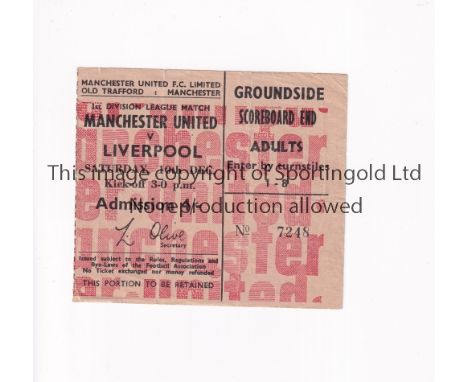 MANCHESTER UNITED      Ticket for home League match v Liverpool 10/12/66, slightly creased.    Generally good